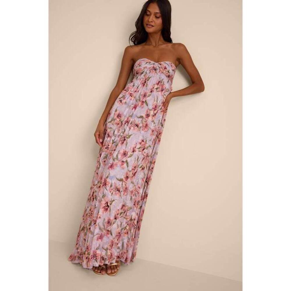 Lulus Nola Lavender Floral Pleated Strapless Maxi Dress Purple - Size XS